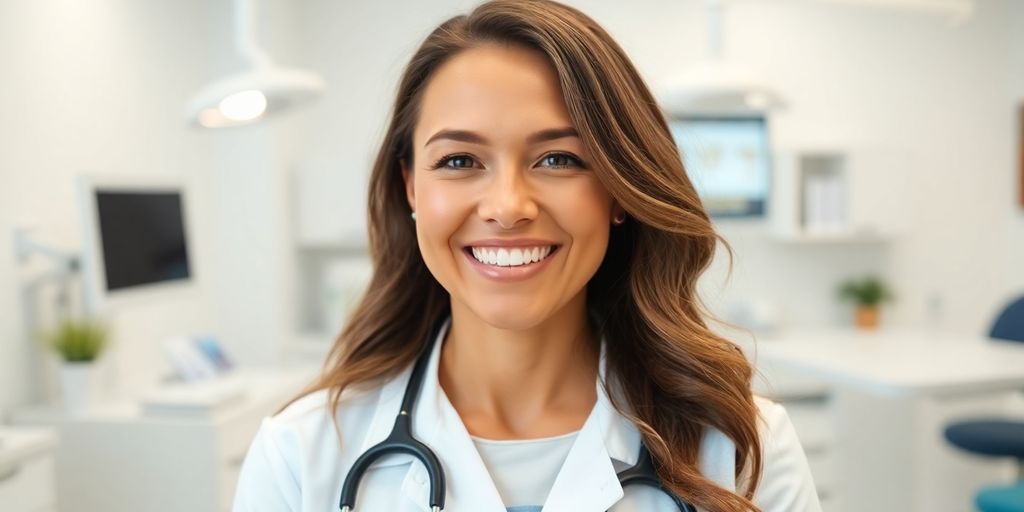 Zahnarzt lächelt in heller Praxis