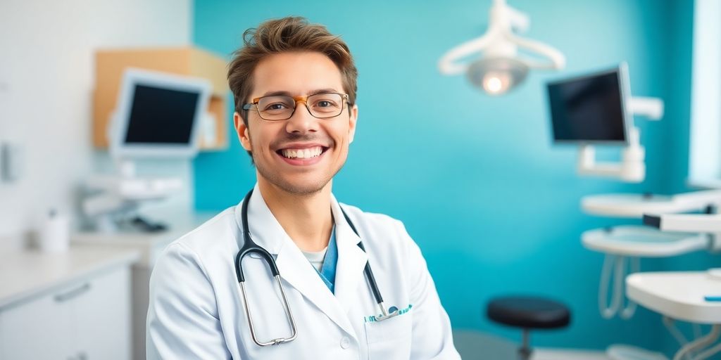 Zahnarzt lächelt in heller Praxis