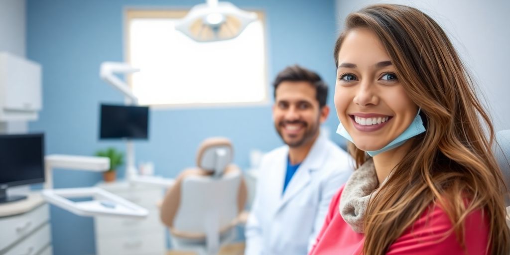 Glückliche Patientin verlässt Zahnarztpraxis mit strahlendem Lächeln.