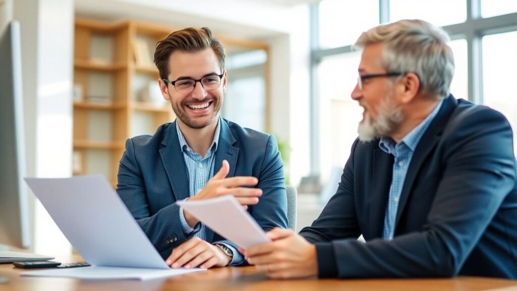 Versicherungsberater und Kunde im Gespräch im Büro.