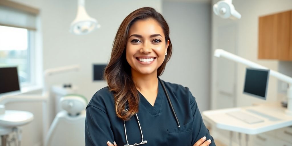 Lächelnder Zahnarzt in heller, moderner Praxis.