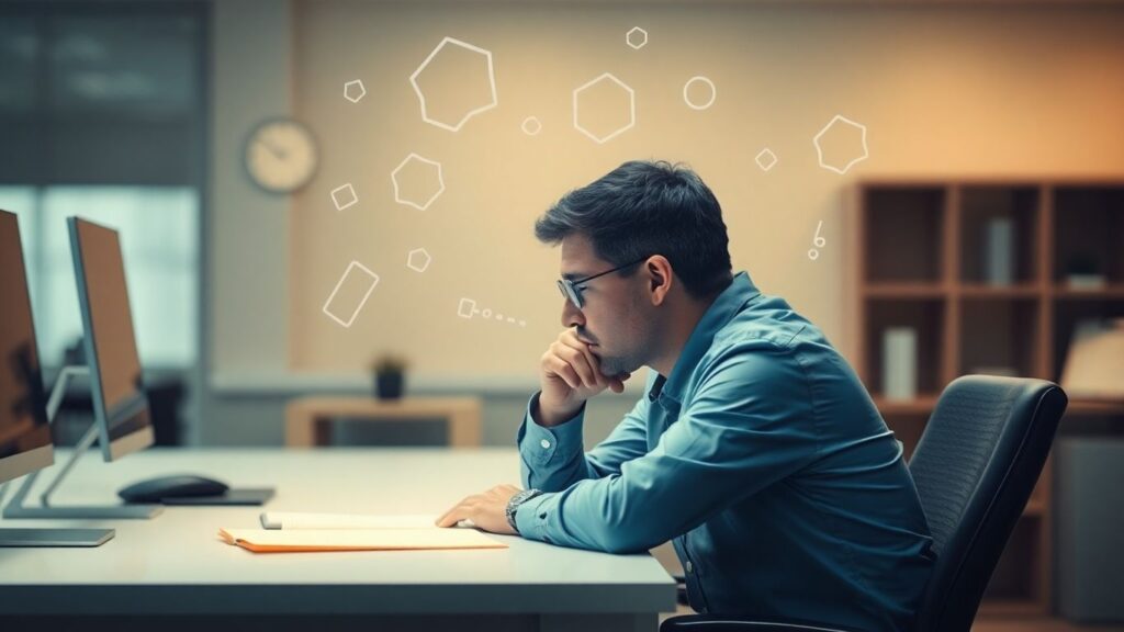 Fragezeichen über einem Schreibtisch mit einer Person