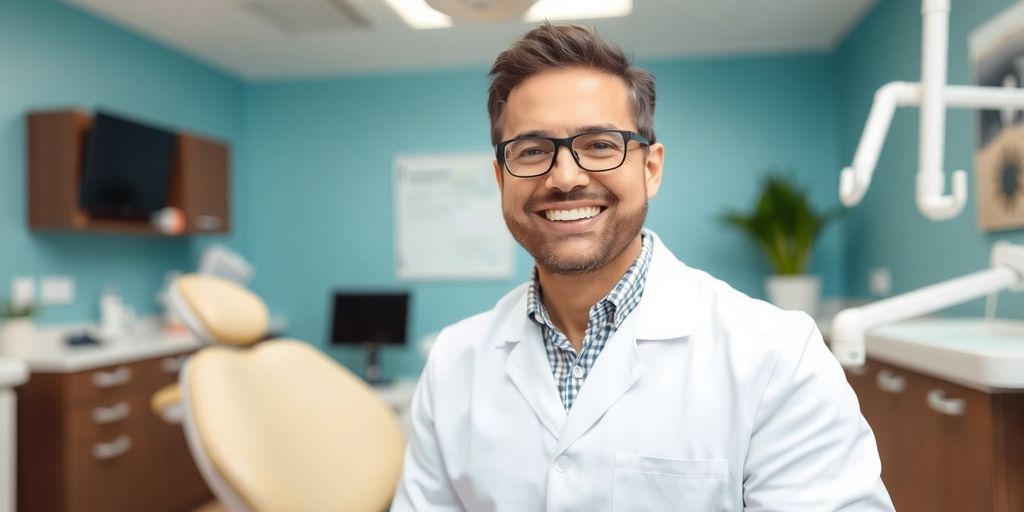 Zahnarzt lächelt in heller, moderner Praxis.