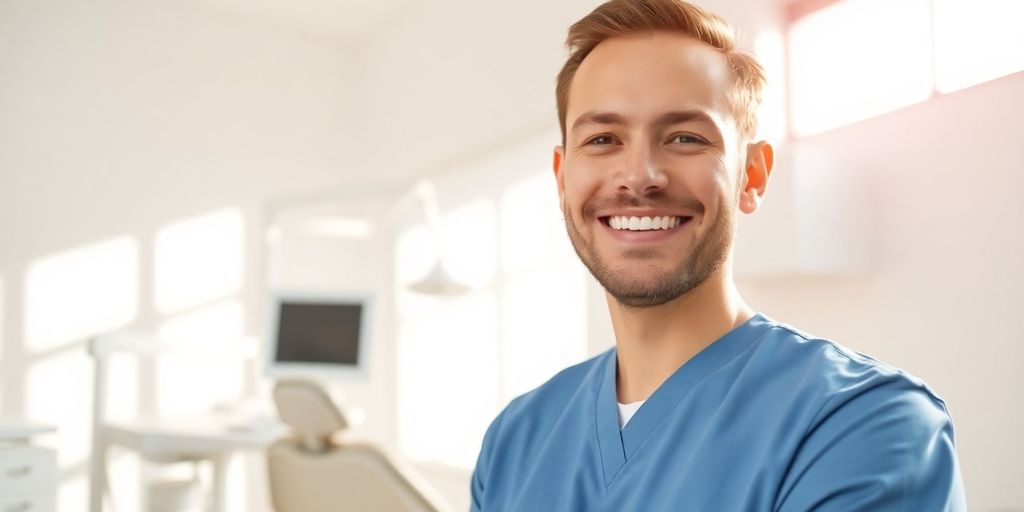 Zahnarzt lächelt in heller Praxis