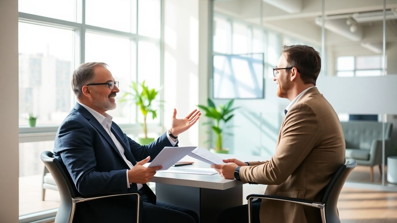 Versicherungsberater und Kunde im Gespräch im Büro.