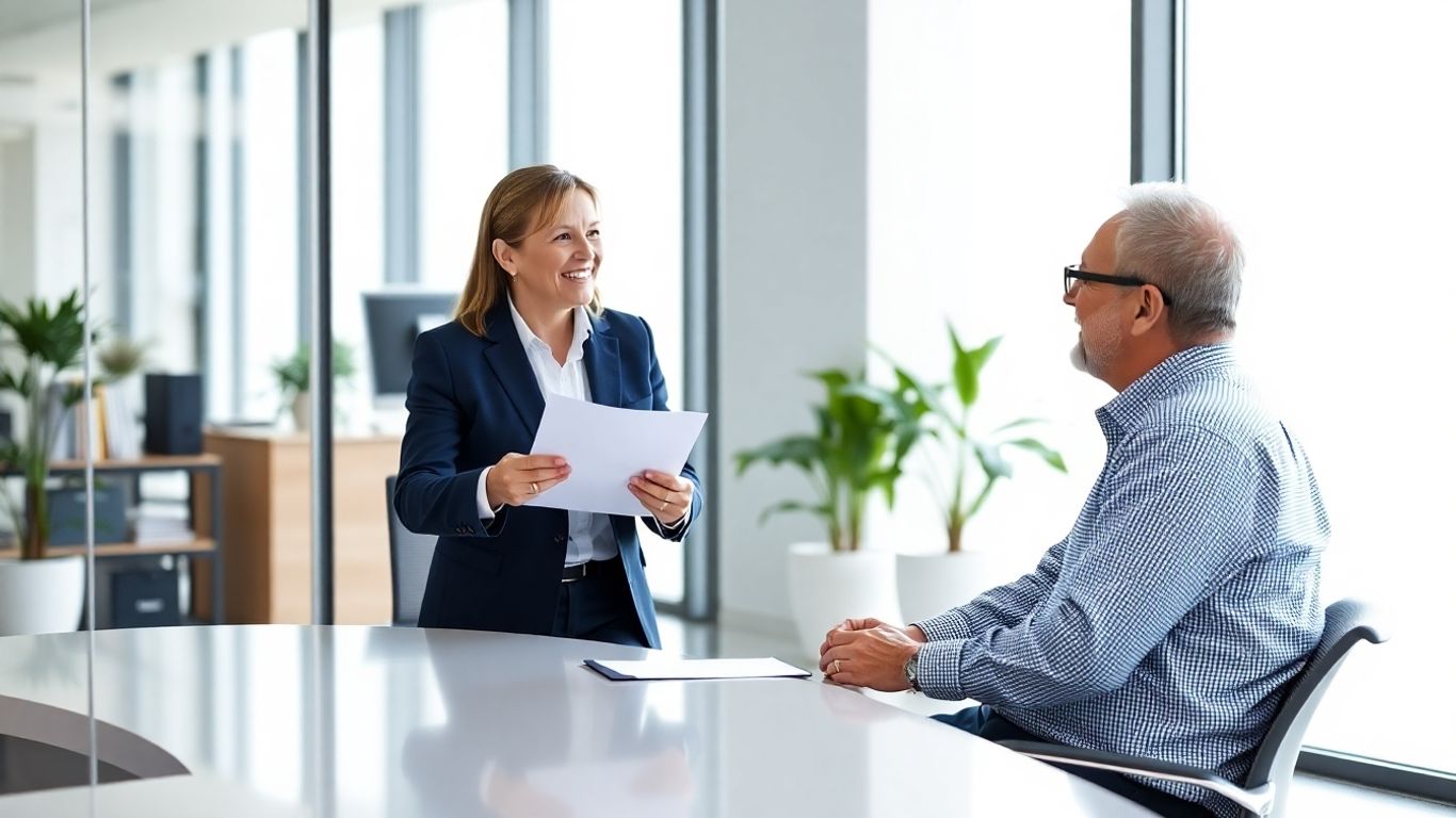Beratungsgespräch zwischen Versicherungsberater und Kunde im Büro.