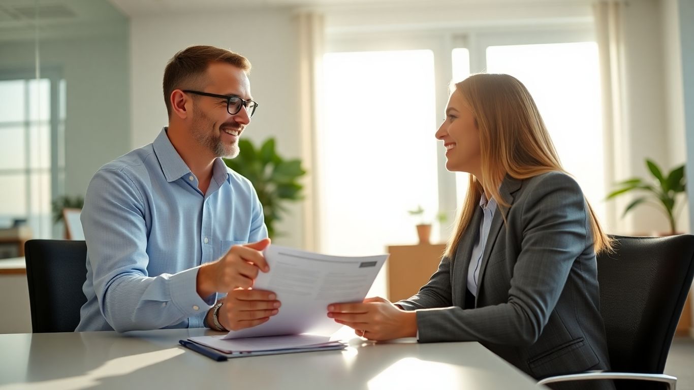 Versicherungsberater und Kunde im Gespräch im Büro.