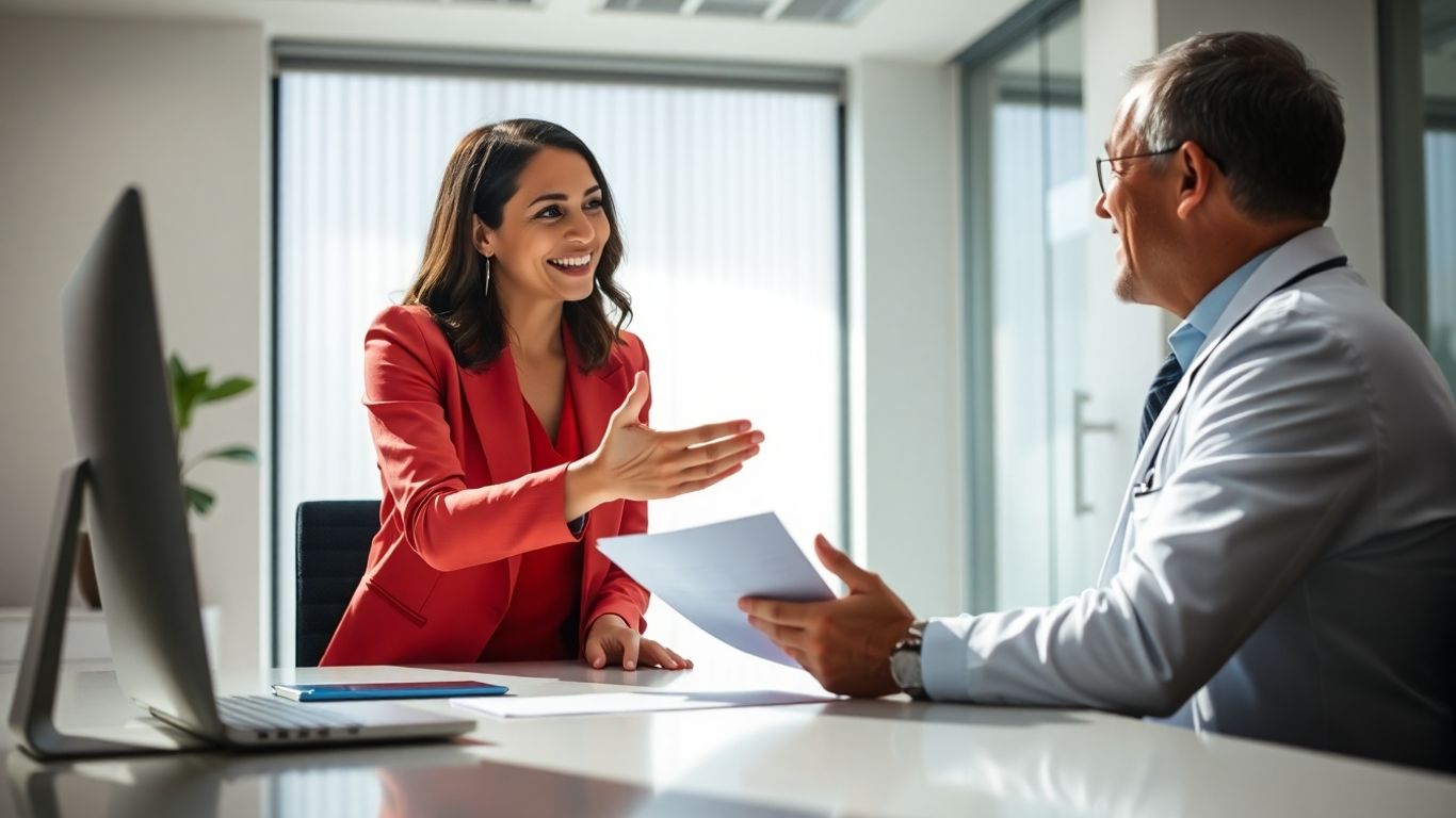Arzt im Gespräch mit Versicherungsberater im Büro