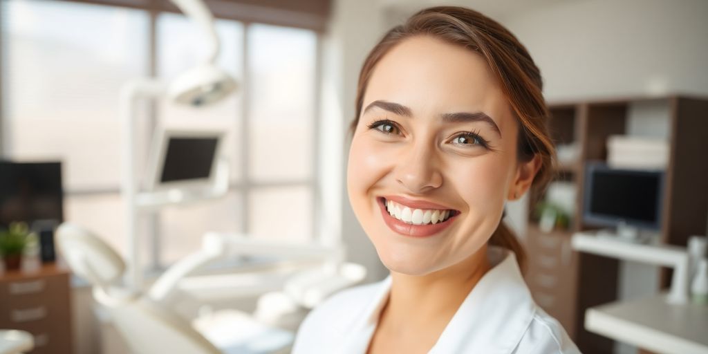 Lachender Zahnarzt in heller Praxis