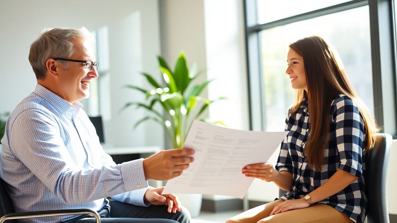 Student im Gespräch mit Versicherungsberater im Büro
