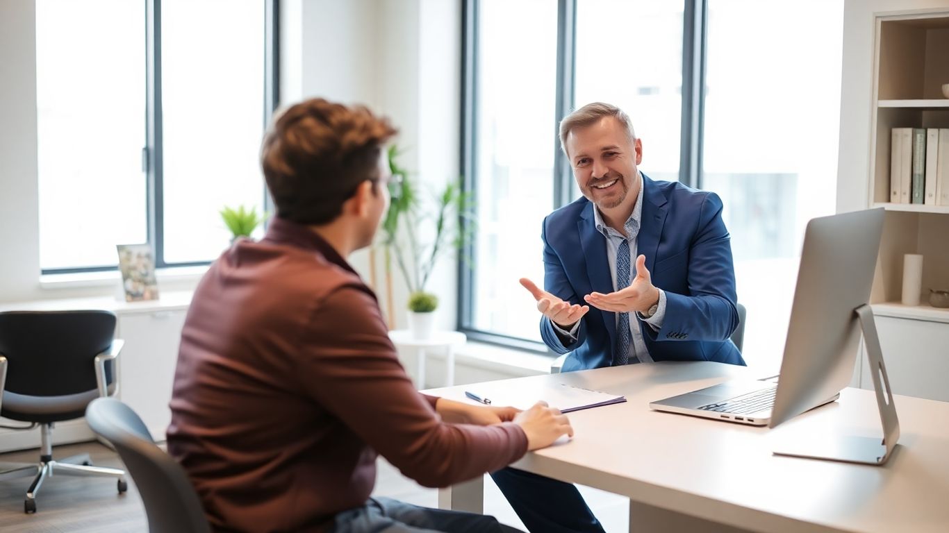 Student spricht mit Versicherungsberater im Büro