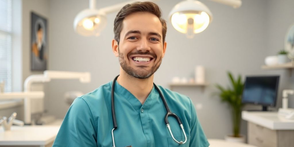 Zahnarzt lächelt in heller Praxis.