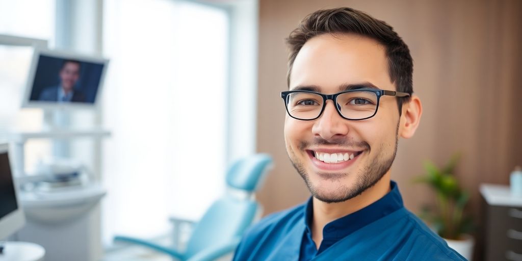 Lächelnder Zahnarzt in heller Praxis