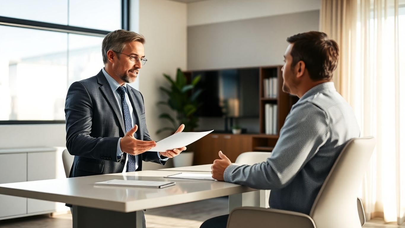 Versicherungsberater und Kunde im Gespräch im Büro
