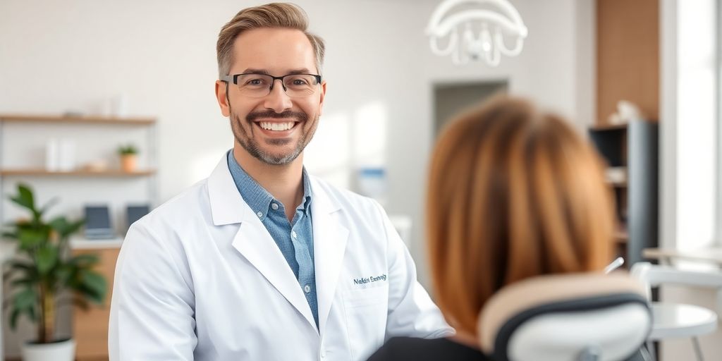 Lächelnder Zahnarzt in moderner Praxis.