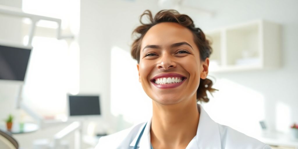 Zahnarzt lächelt in heller Praxis
