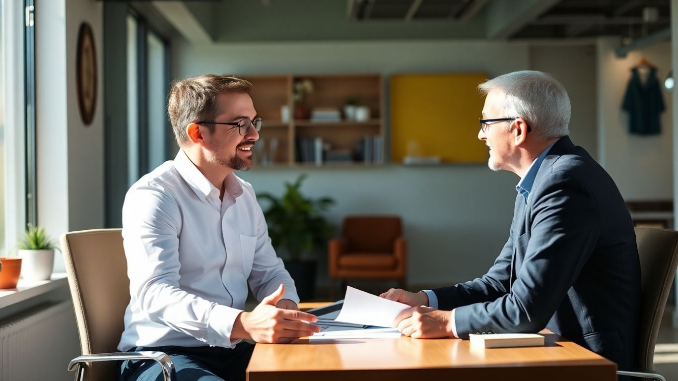 Versicherungsberater und Kunde im Gespräch im Büro