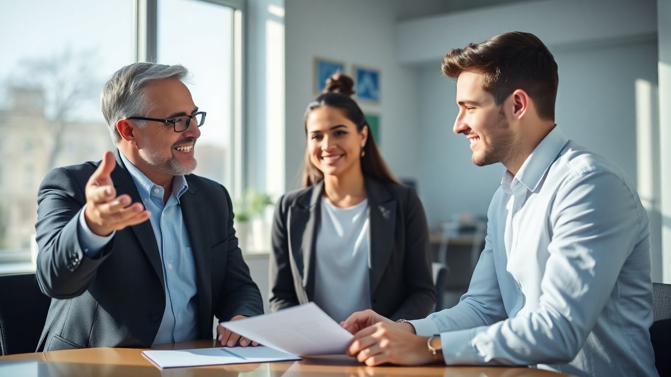 Versicherungsberater spricht mit Student in hellem Büro