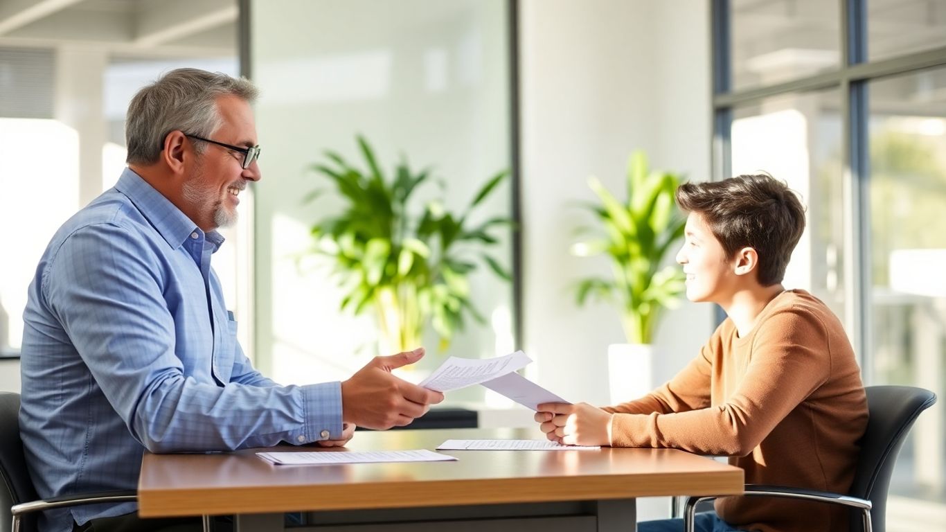 Versicherungsberater und Kunde im Gespräch im Büro