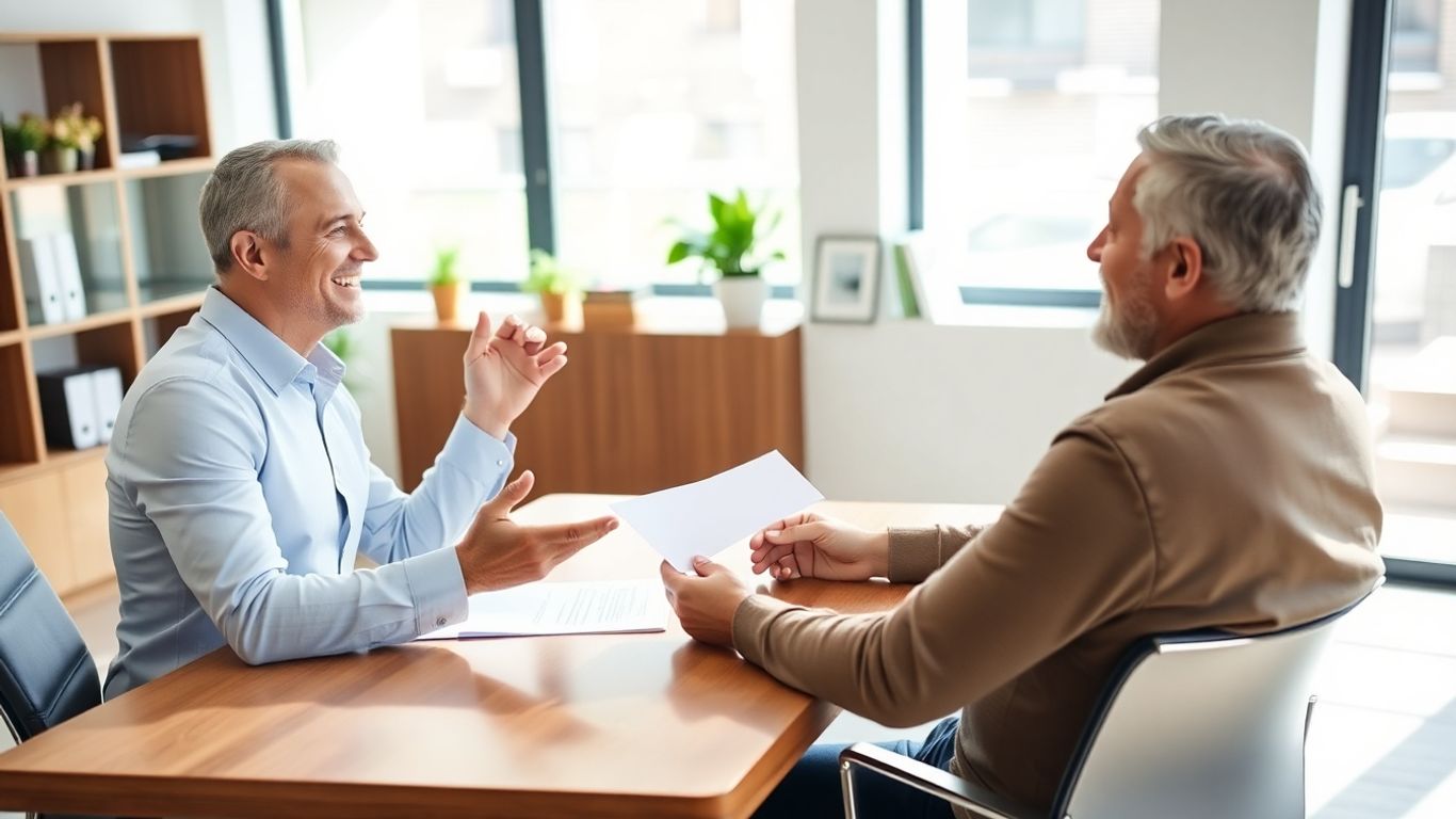 Versicherungsberater und Kunde im Gespräch im Büro