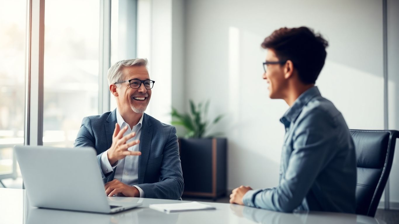 Versicherungsberater spricht mit Student in hellem Büro.