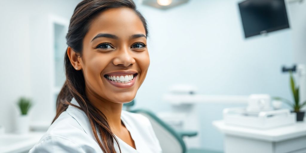 Lächelnder Zahnarzt in heller moderner Praxis