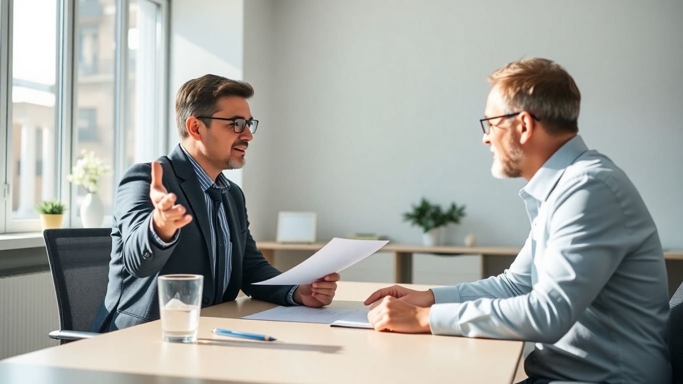 Versicherungsberater und Kunde im Gespräch im Büro.