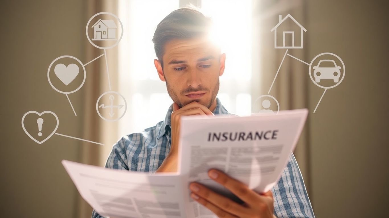 Person prüft Versicherungsunterlagen mit verschiedenen Symbolen.