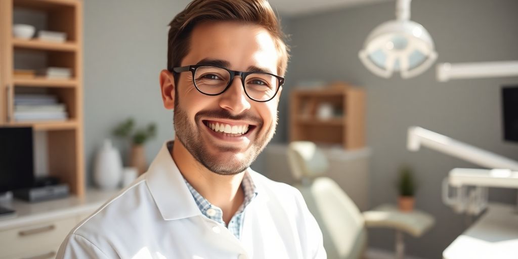 Zahnarzt lächelt in heller Praxis