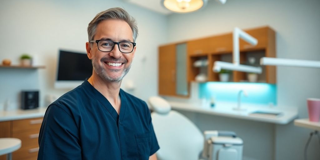 Zahnarzt lächelt in heller Praxis