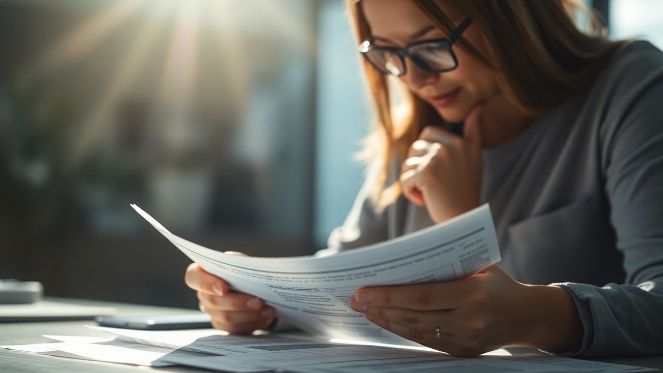 Person prüft Dokumente, Finanzielle Sicherheit im Büro.