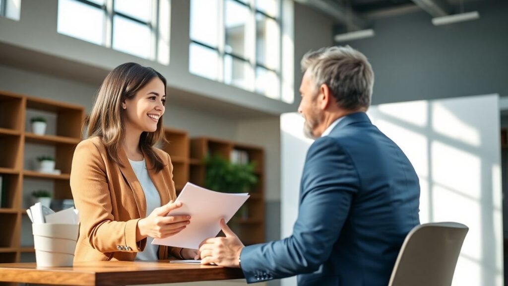 Versicherungsberater und Kunde im Gespräch im Büro.