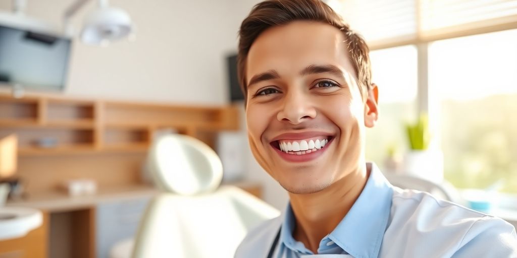 Zahnarzt lächelt in heller Praxis.