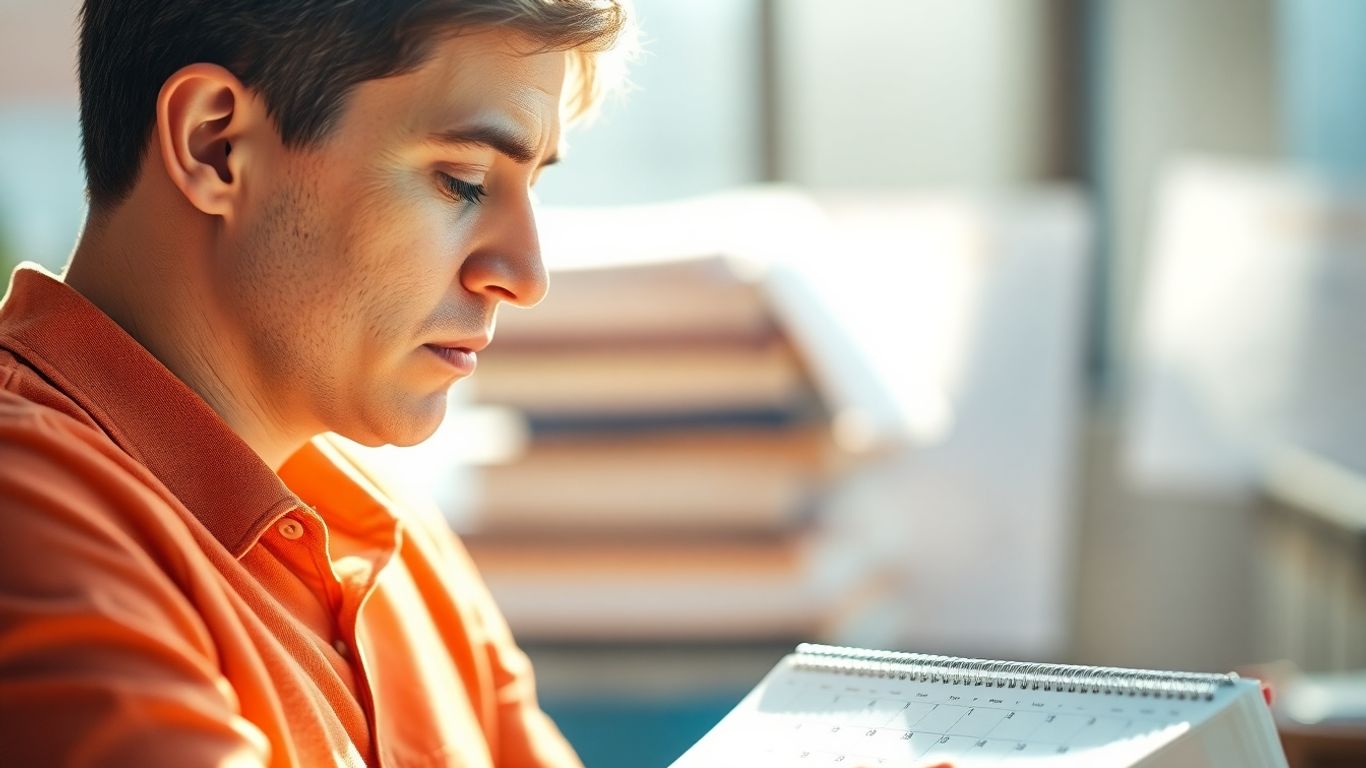 Person blickt auf Kalender, finanzielle Dokumente im Hintergrund.