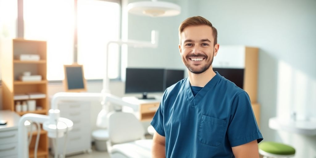 Lächelnder Zahnarzt in heller Praxis.