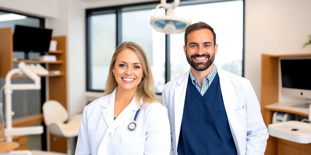 Zwei lächelnde Zahnärzte in einer modernen Praxis.