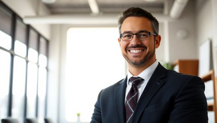 Lawyer smiling in a bright office.