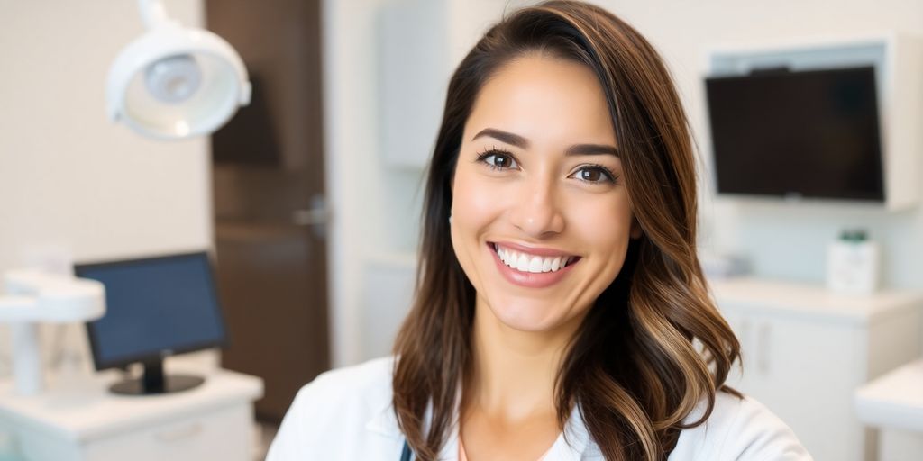 Zahnarzt lächelt in heller Praxis