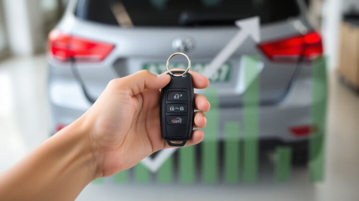 Autoschlüssel in der Hand mit unscharfem Auto im Hintergrund