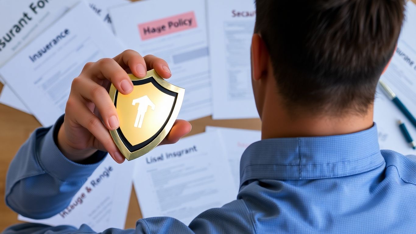 Person prüft Schutzschild mit Versicherungsdokumenten im Hintergrund.