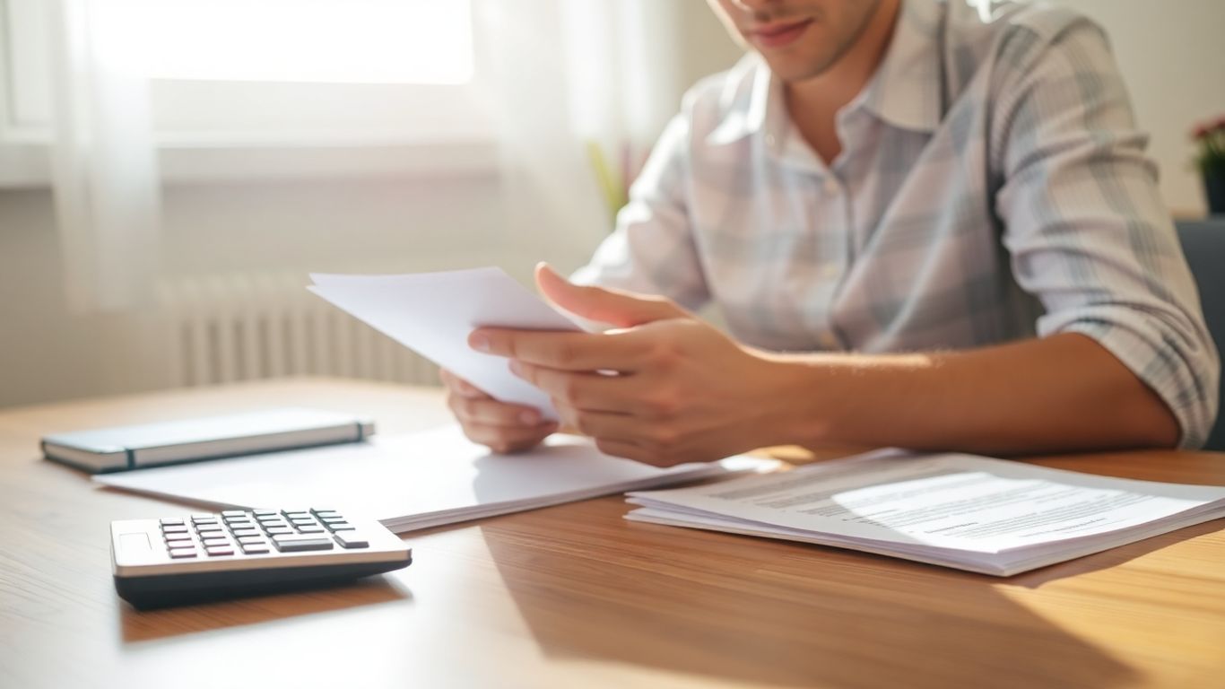 Person überlegt über Dokumente und Rechner am Schreibtisch.