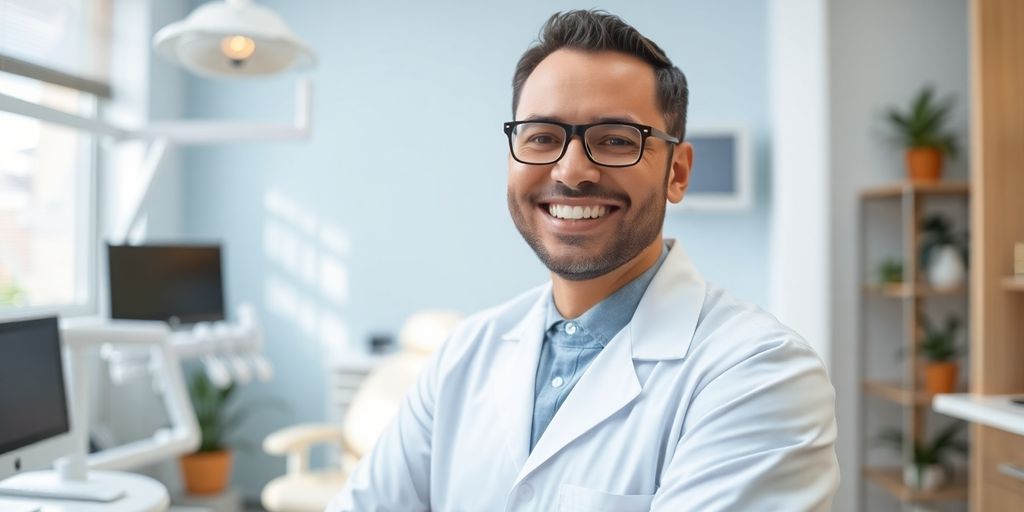 Zahnarzt lächelt in heller Praxis