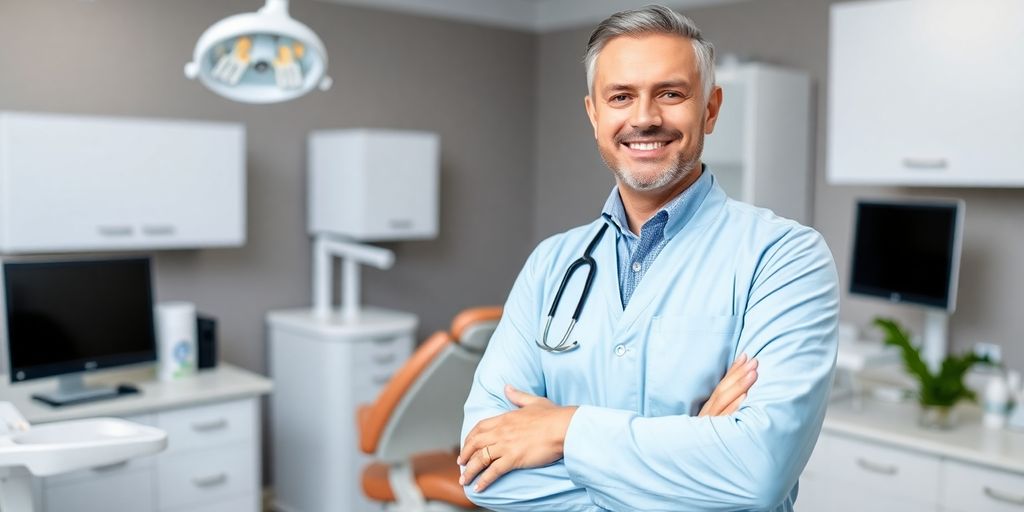 Zahnarzt lächelt in einer modernen Praxis
