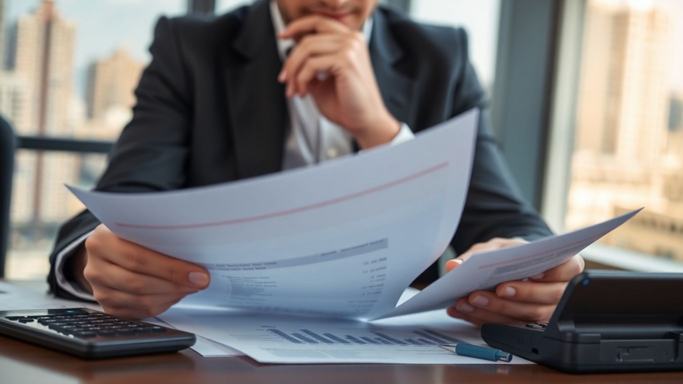 Person prüft Dokumente mit Taschenrechner und Stift.