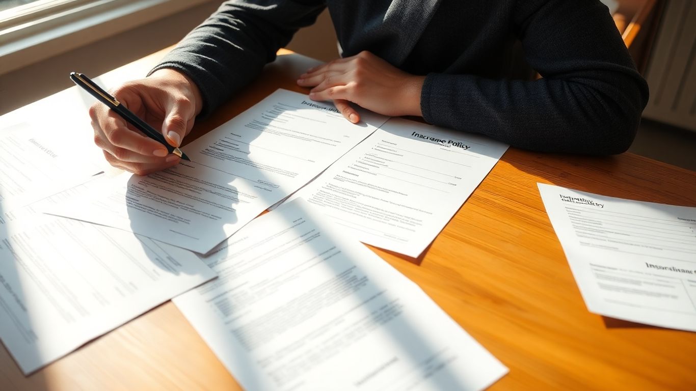 Person prüft BU Versicherungsunterlagen am Tisch.