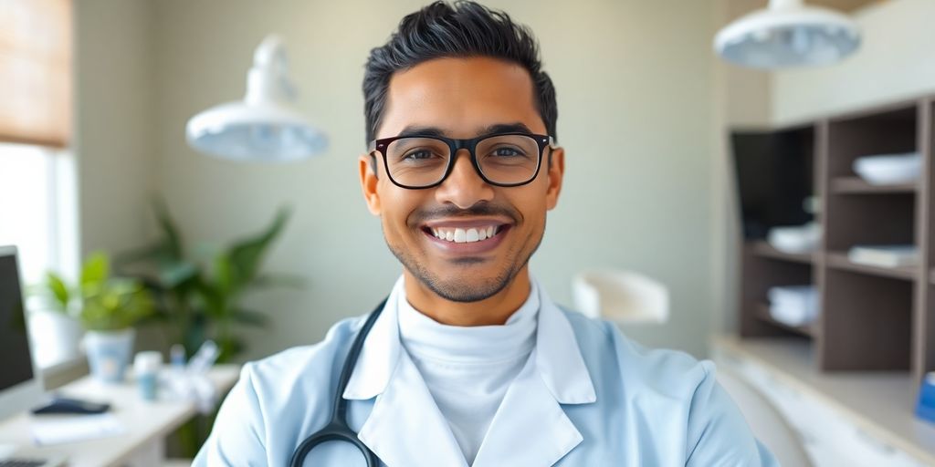 Zahnarzt lächelt in einer modernen Praxis.