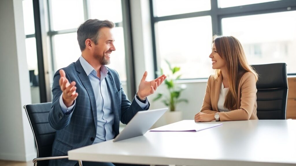 Versicherungsberater und Kundin im Gespräch im Büro