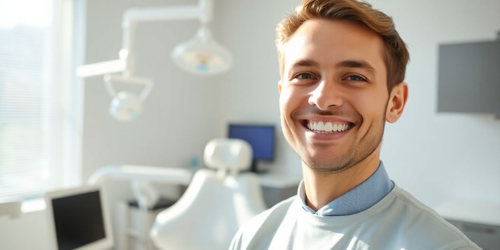 Lachender Zahnarzt vor moderner Praxis.