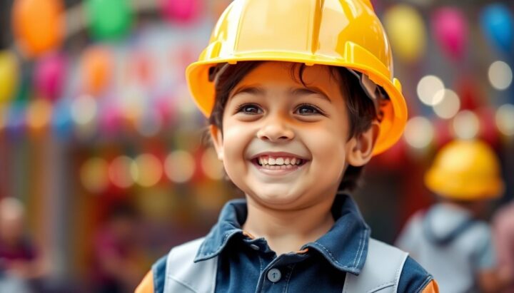 Child in construction worker costume at a party