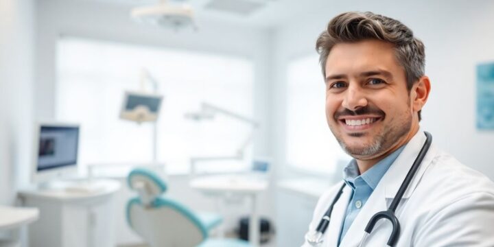 Zahnarzt lächelt in moderner Praxis